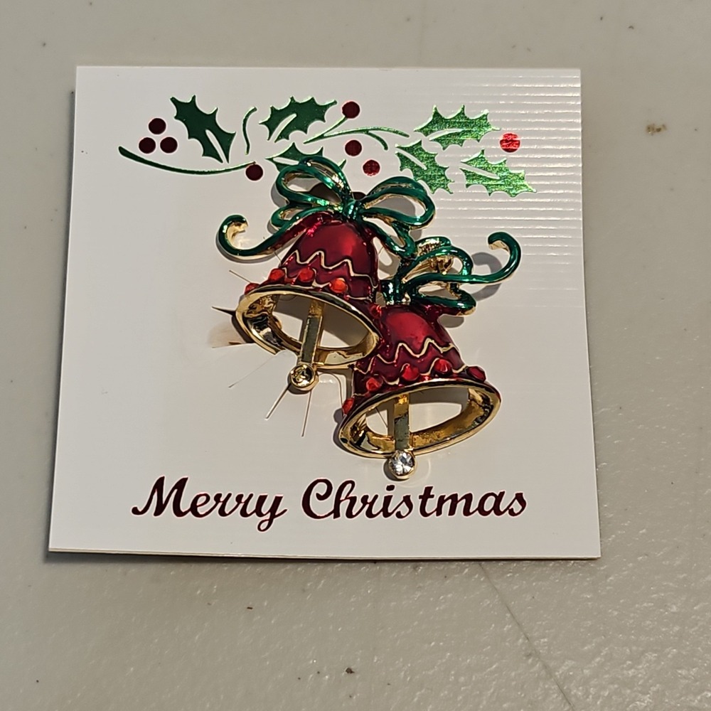 Christmas Bell Brooch Pin Red Gold Tone Enamel Rhinestone Holiday Jewelry